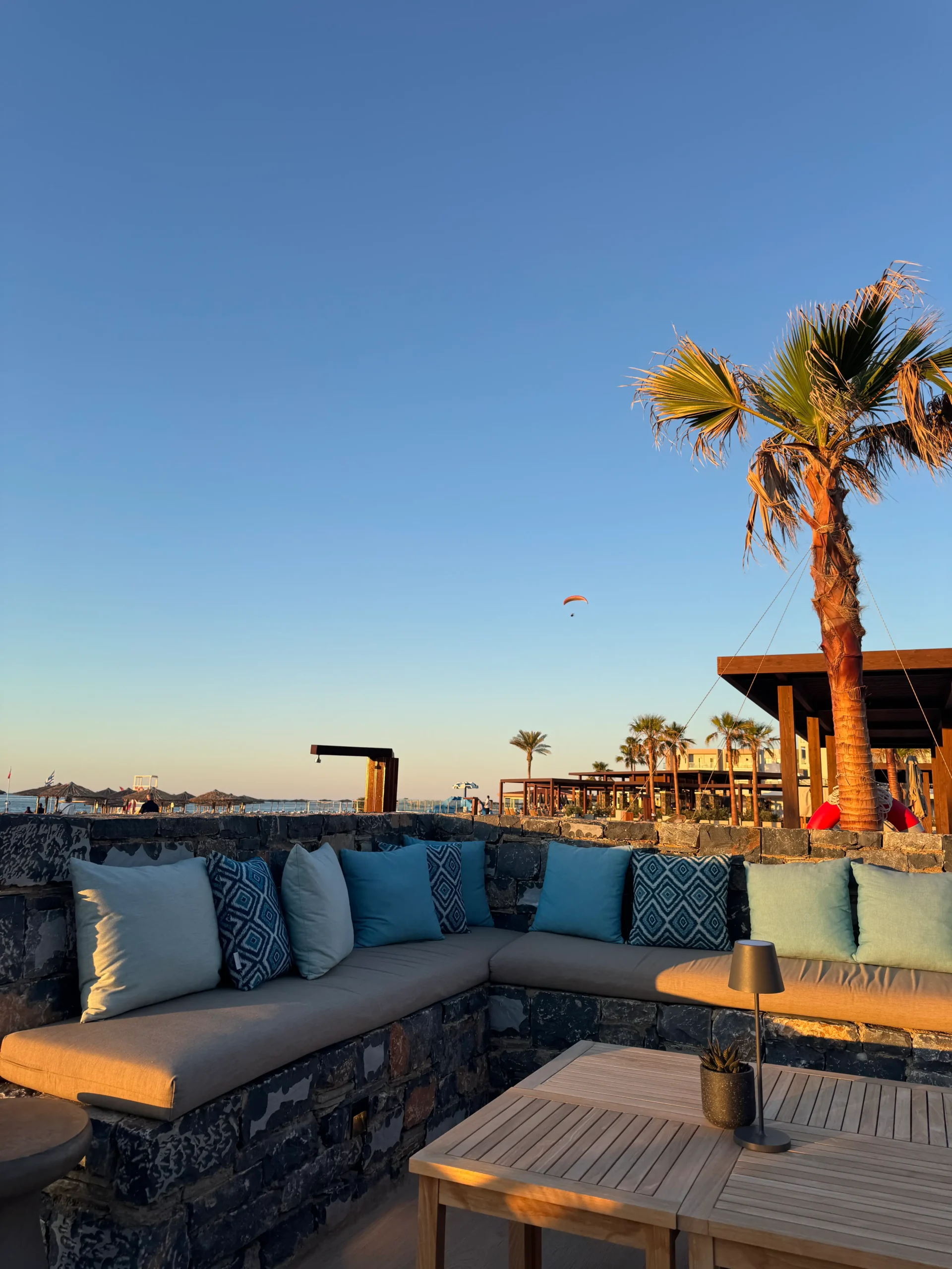 Ruhiger Lounge-Bereich mit Sitzkissen, Palme und Meerblick im allsun Hotel Carolina Sun Beach