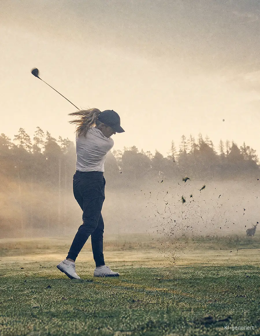 Golferin beim Abschlag auf einem Golfplatz im warmen Morgenlicht